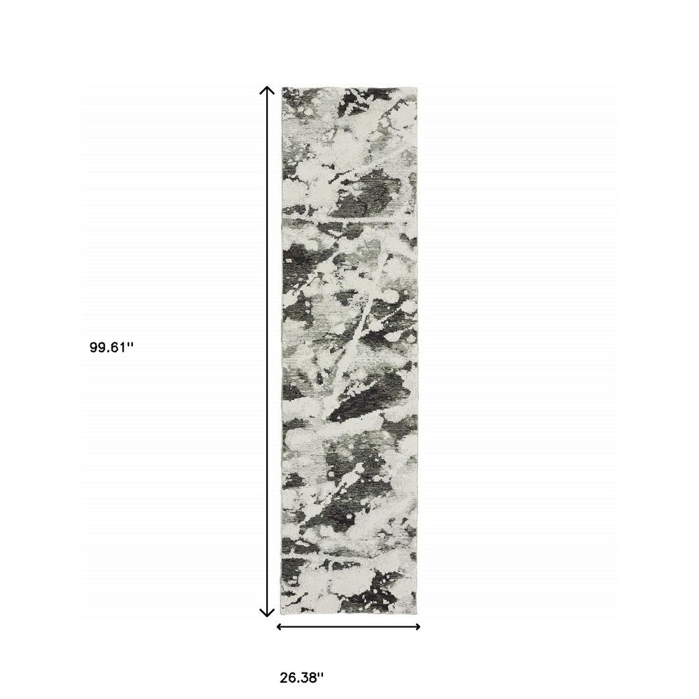 8' Charcoal And White Abstract Runner Rug