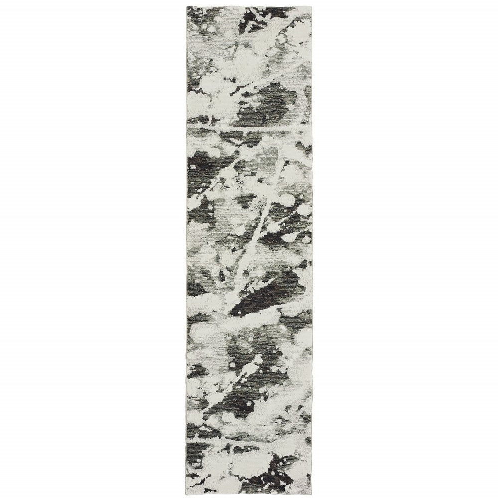 8' Charcoal And White Abstract Runner Rug