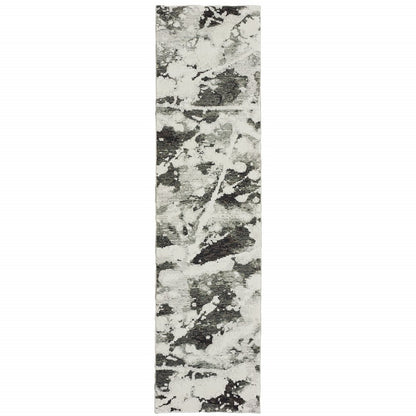 8' Charcoal And White Abstract Runner Rug