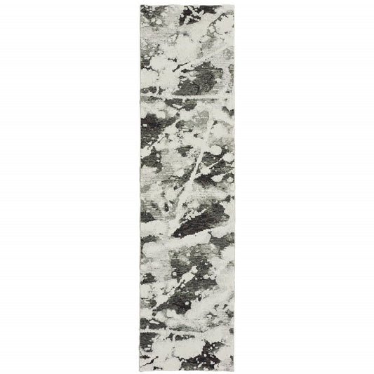 8' Charcoal And White Abstract Runner Rug