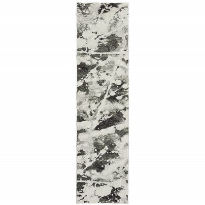 12' Runner Charcoal and White Abstract Power Loom Runner Rug