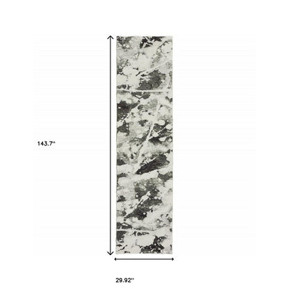 12' Charcoal And White Abstract Runner Rug