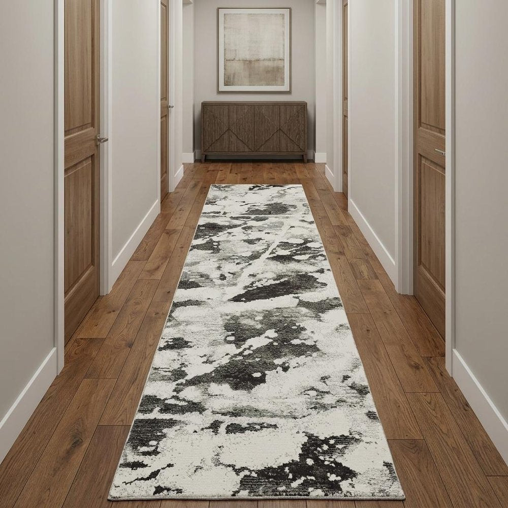 12' Charcoal And White Abstract Runner Rug