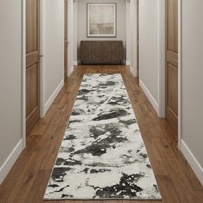 12' Charcoal And White Abstract Runner Rug