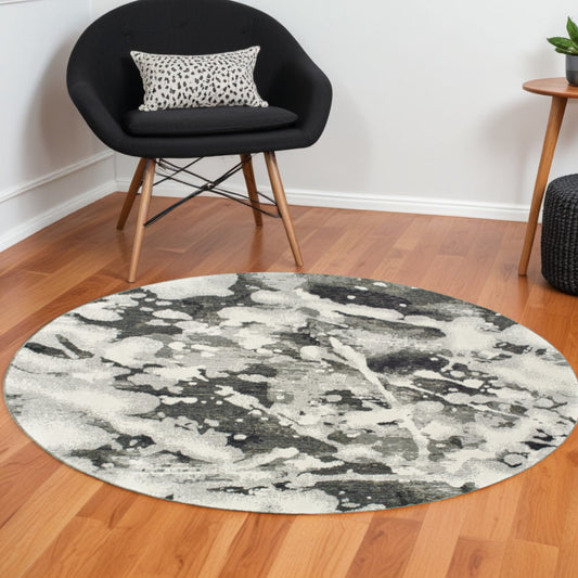 8' Gray and White Round Abstract Power Loom Area Rug