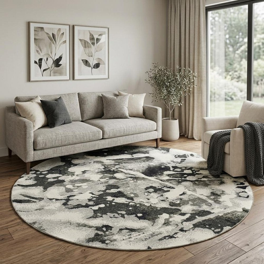 8' Gray and White Round Abstract Power Loom Area Rug