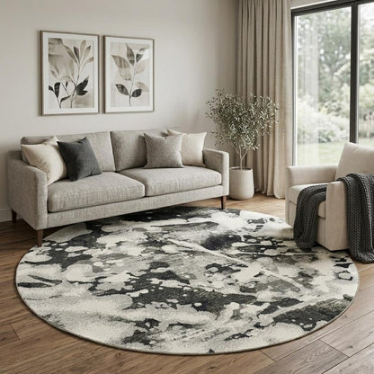 8' Gray and White Round Abstract Power Loom Area Rug