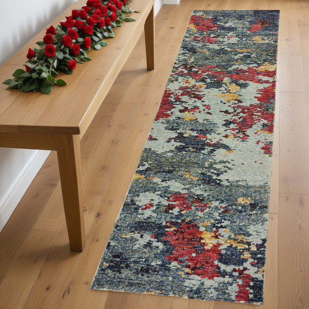 8' Runner Blue Abstract Power Loom Runner Rug