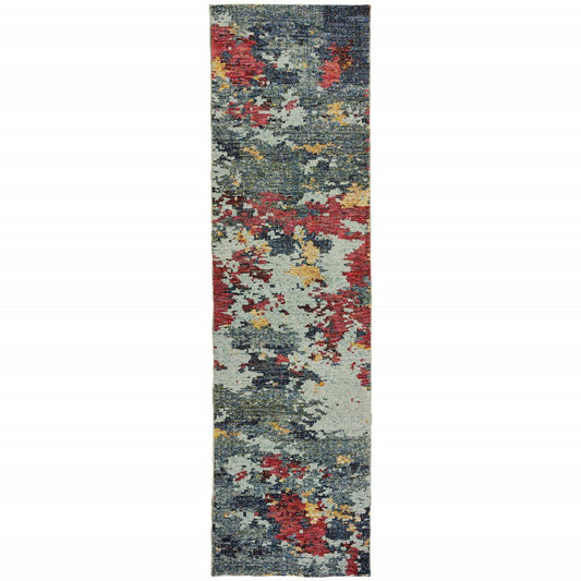 12' Blue And Red Abstract Runner Rug