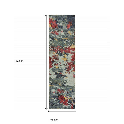 12' Blue And Red Abstract Runner Rug