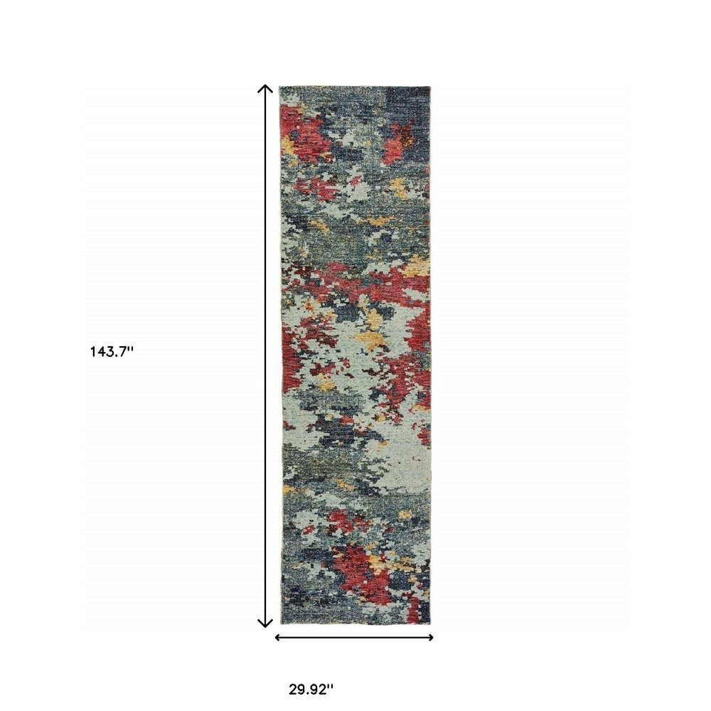 12' Blue And Red Abstract Runner Rug