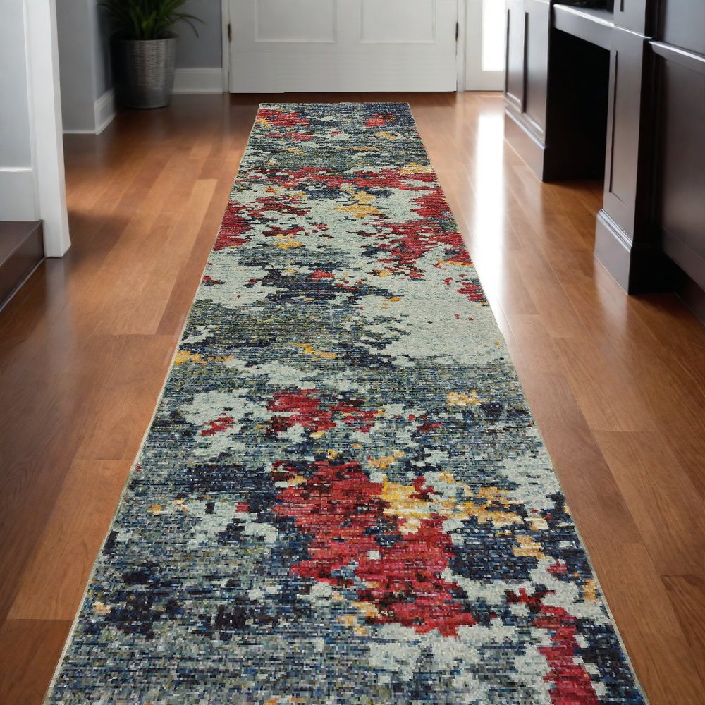 12' Blue And Red Abstract Runner Rug
