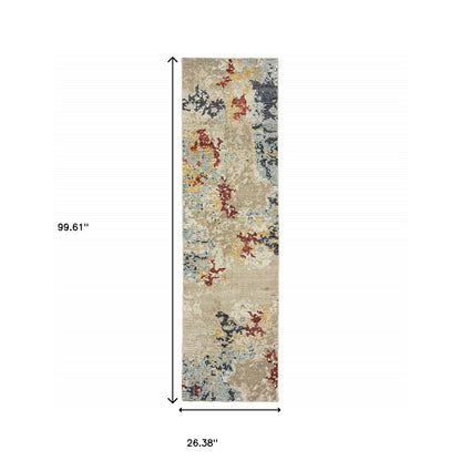 8' Blue And Beige Abstract Runner Rug