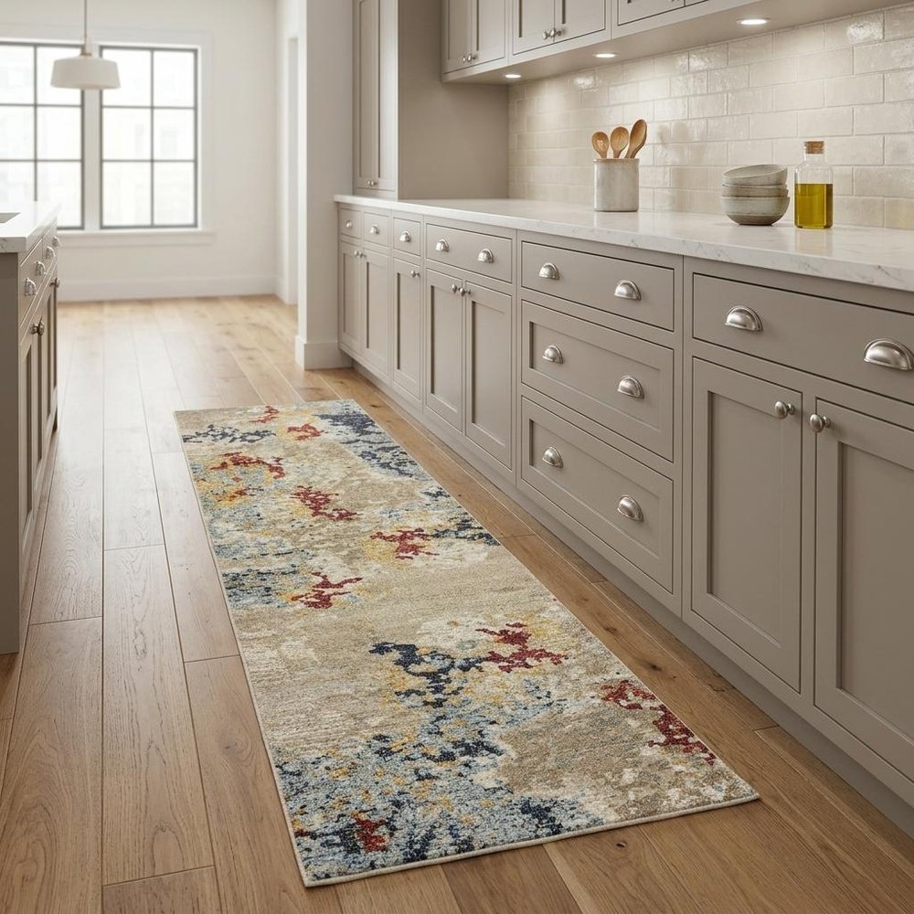 8' Blue And Beige Abstract Runner Rug