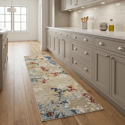 8' Blue And Beige Abstract Runner Rug