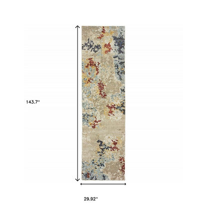 12' Beige And Blue Abstract Runner Rug