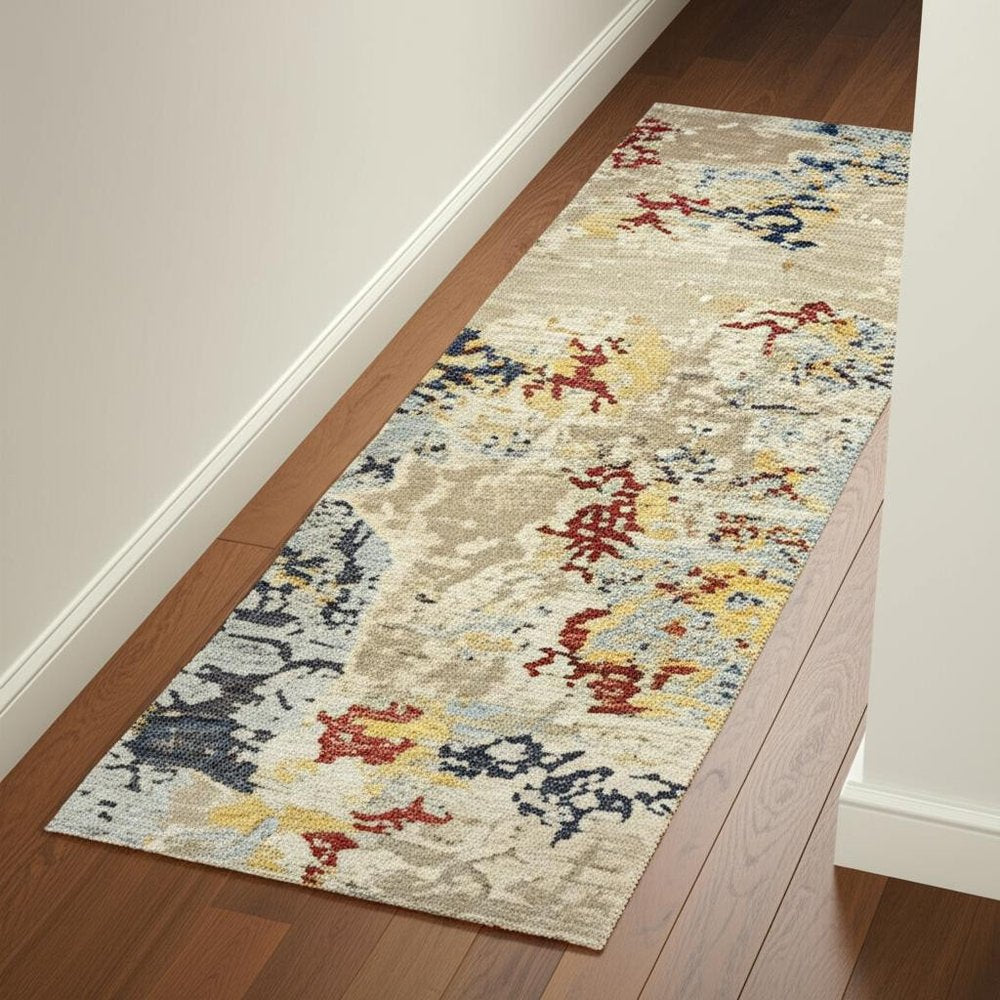 12' Beige And Blue Abstract Runner Rug