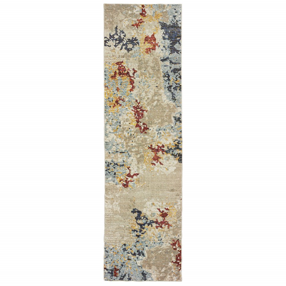 12' Beige And Blue Abstract Runner Rug