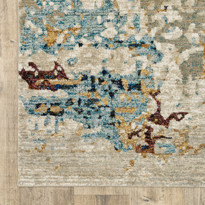 12' Runner Beige and Blue Abstract Power Loom Runner Rug