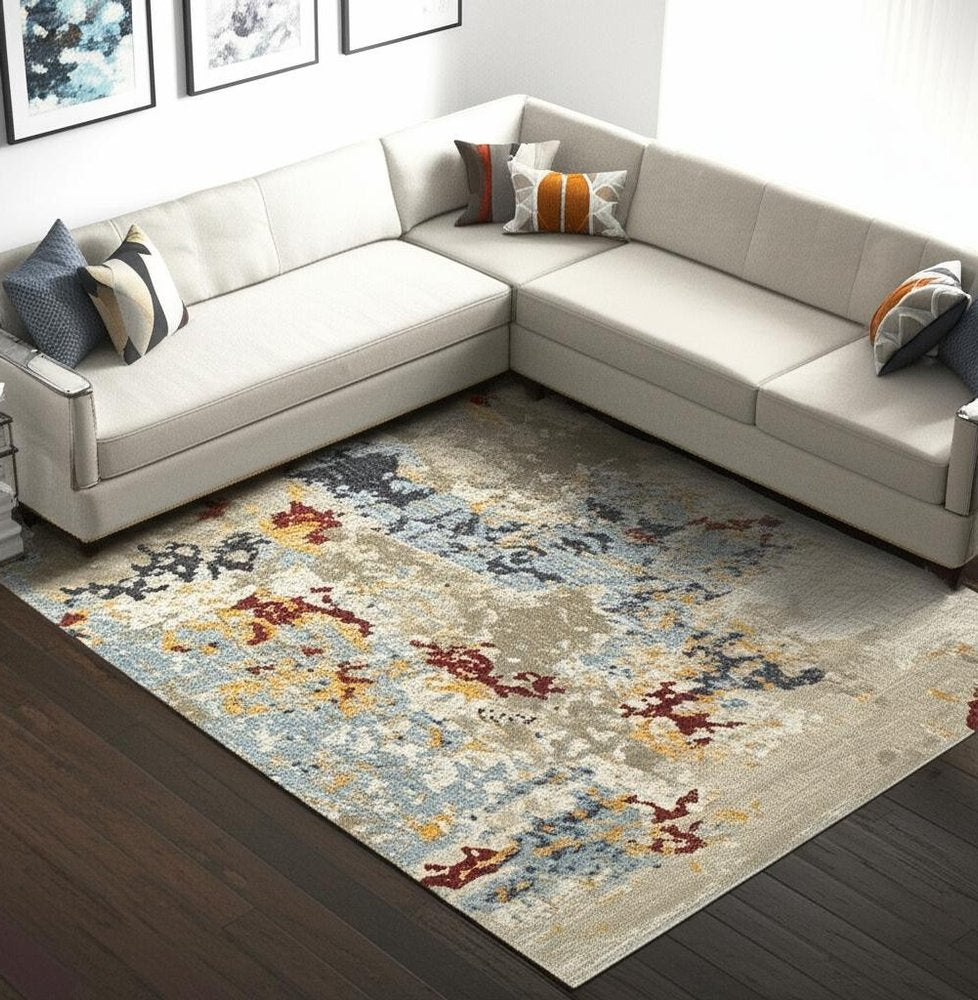7' X 10' Blue and Beige Abstract Power Loom Area Rug