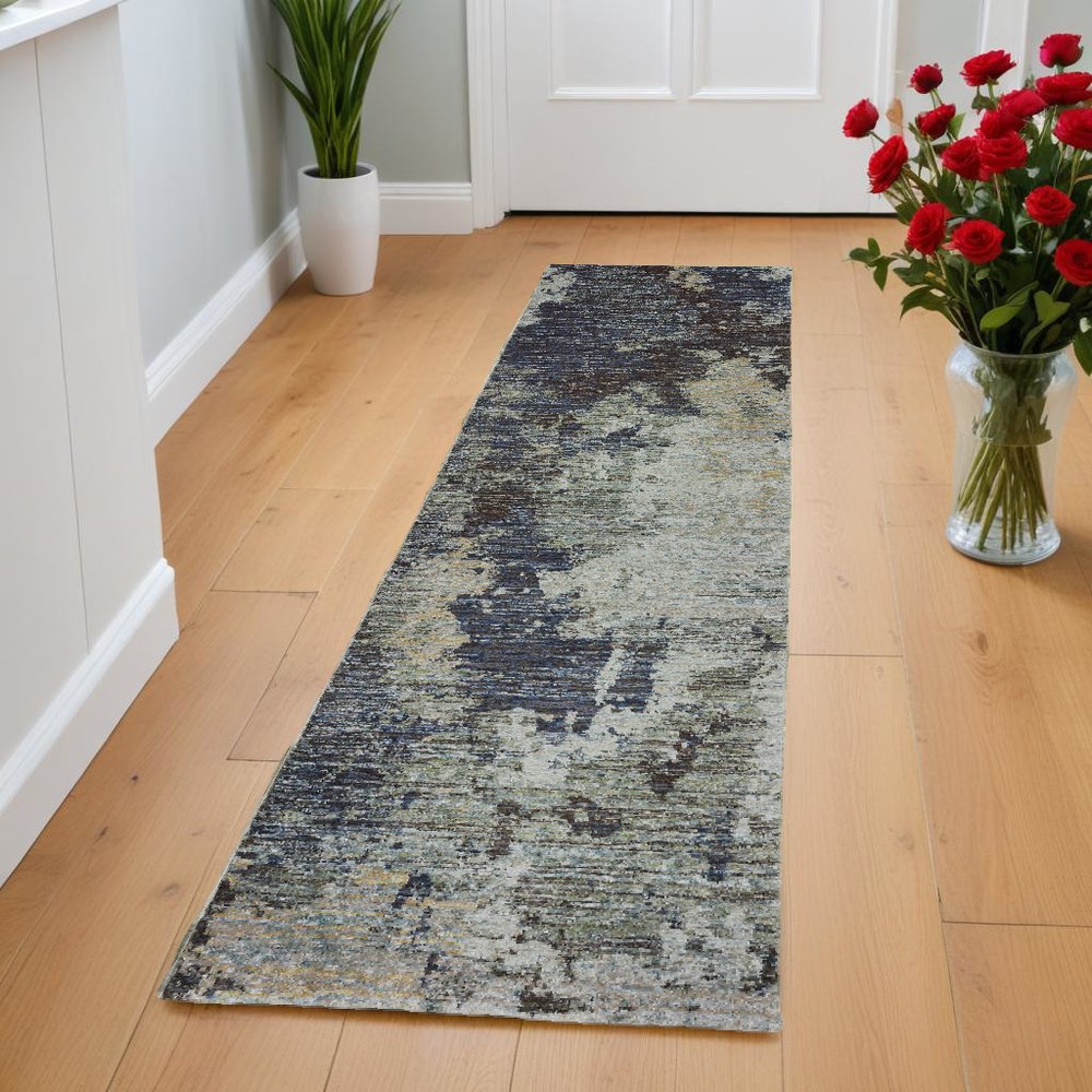 8' Navy Blue Abstract Runner Rug