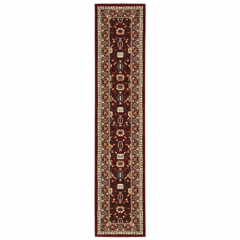 12' Red And Ivory Genuine Wool Oriental Runner Rug With Fringe