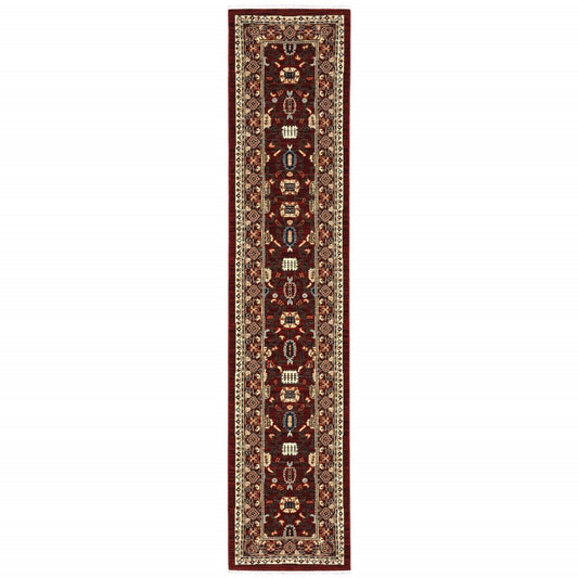 12' Red And Ivory Genuine Wool Oriental Runner Rug With Fringe