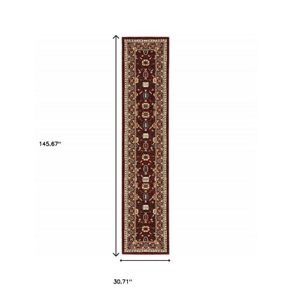 12' Red And Ivory Genuine Wool Oriental Runner Rug With Fringe
