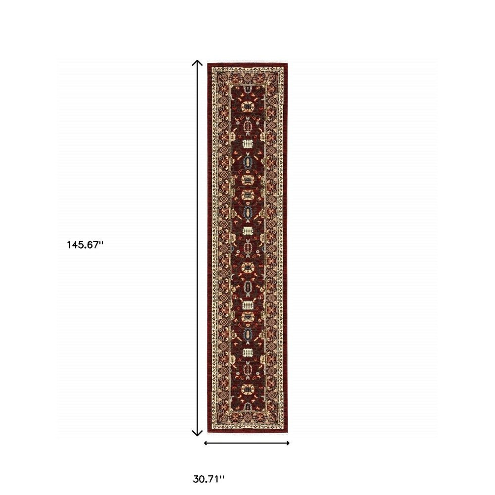 12' Red And Ivory Genuine Wool Oriental Runner Rug With Fringe
