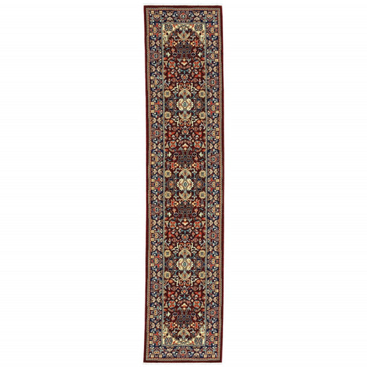 12' Blue And Red Genuine Wool Oriental Runner Rug With Fringe