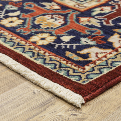 2' X 10' Blue And Red Oriental Power Loom Runner Rug With Fringe