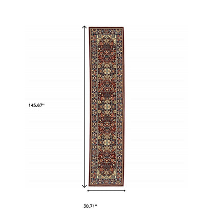 2' X 10' Blue And Red Oriental Power Loom Runner Rug With Fringe