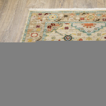 12' Beige And Ivory Genuine Wool Oriental Runner Rug With Fringe