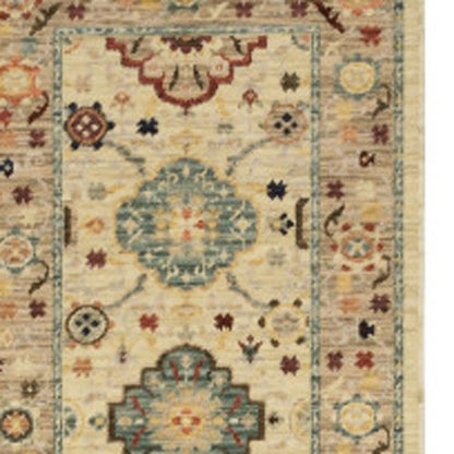 12' Beige And Ivory Genuine Wool Oriental Runner Rug With Fringe