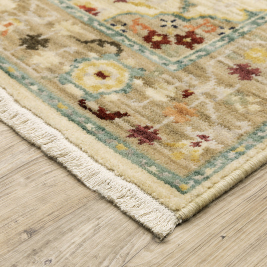 2' X 10' Beige And Ivory Oriental Power Loom Runner Rug With Fringe