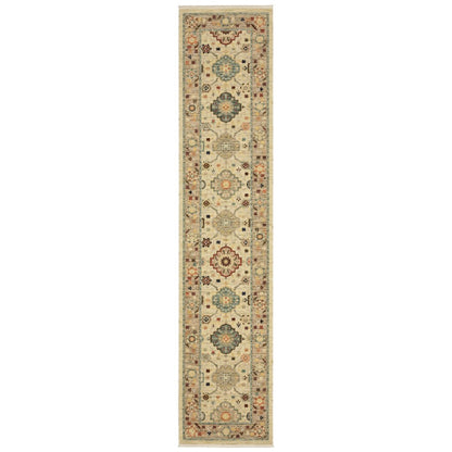 12' Beige And Ivory Genuine Wool Oriental Runner Rug With Fringe