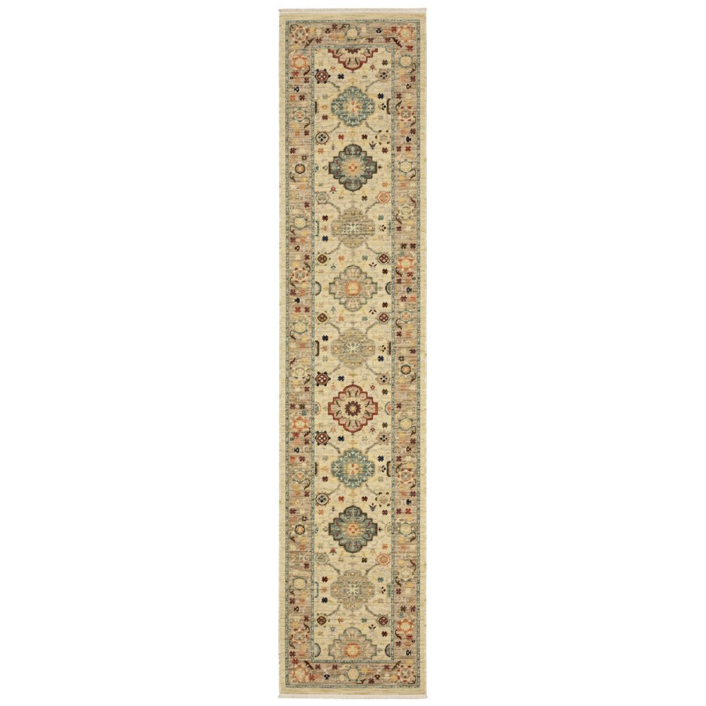 12' Beige And Ivory Genuine Wool Oriental Runner Rug With Fringe