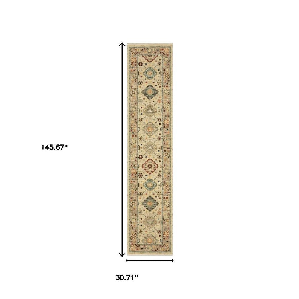 12' Beige And Ivory Genuine Wool Oriental Runner Rug With Fringe
