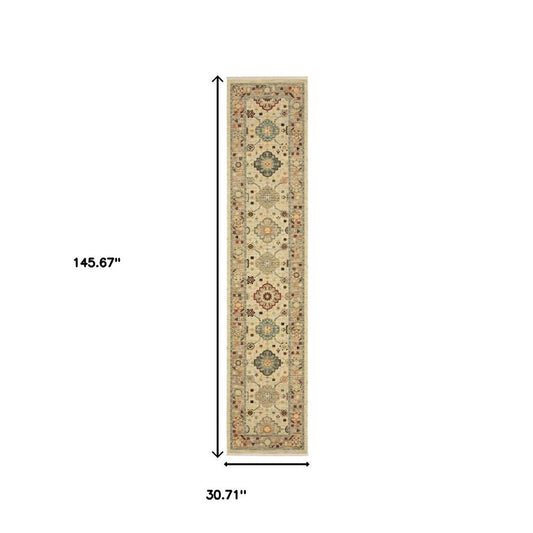 12' Beige And Ivory Genuine Wool Oriental Runner Rug With Fringe