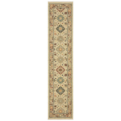 12' Beige And Ivory Genuine Wool Oriental Runner Rug With Fringe