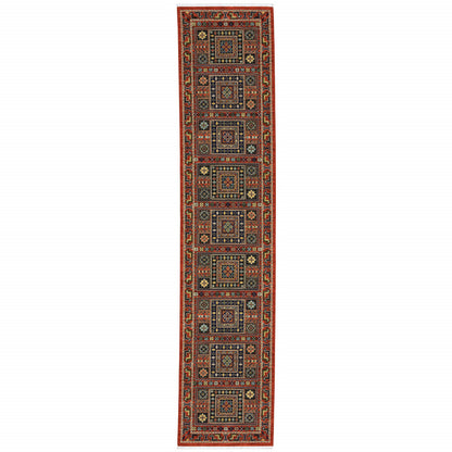 2' X 10' Blue And Red Oriental Power Loom Runner Rug With Fringe