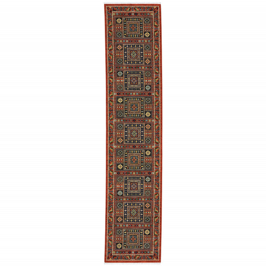 2' X 10' Blue And Red Oriental Power Loom Runner Rug With Fringe