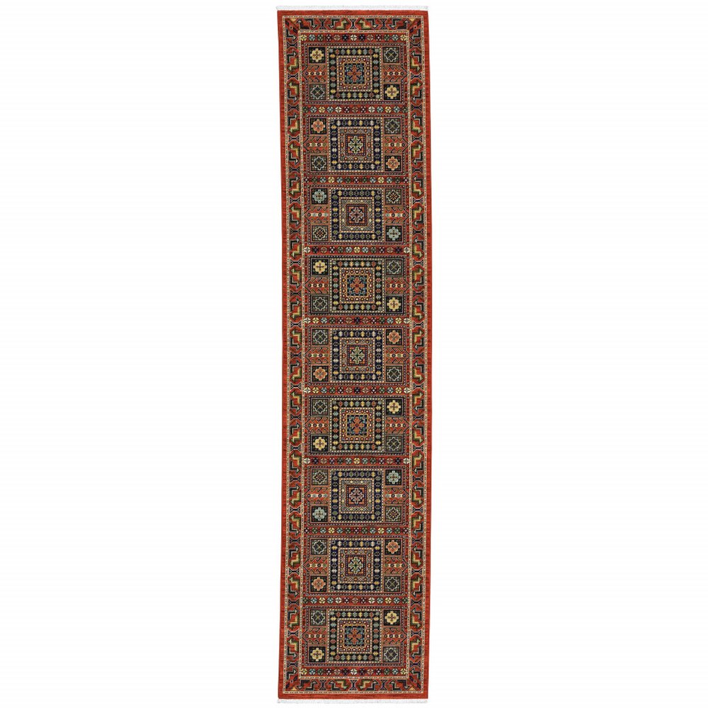 12' Blue And Red Genuine Wool Oriental Runner Rug With Fringe