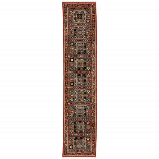 12' Blue And Red Genuine Wool Oriental Runner Rug With Fringe