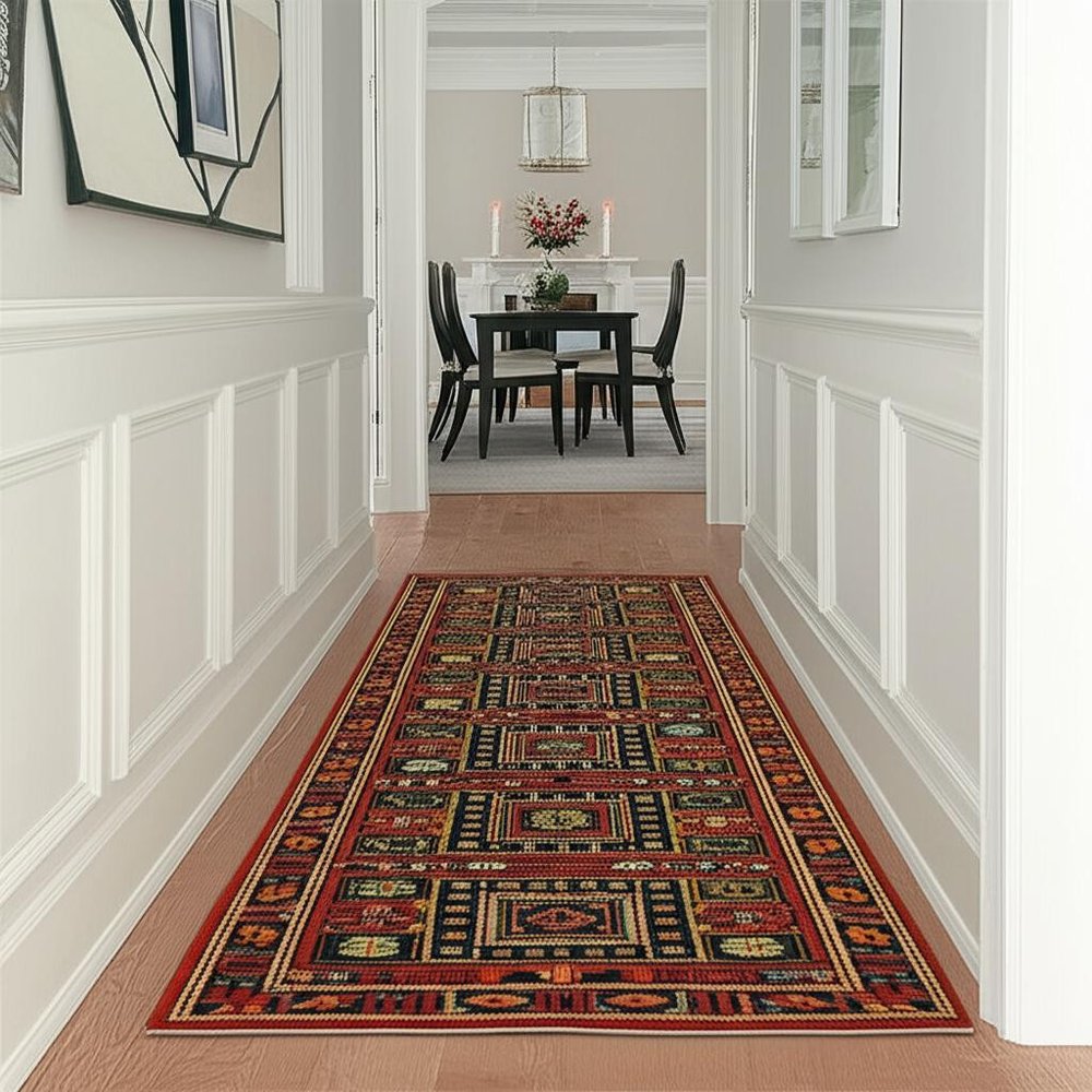 12' Blue And Red Genuine Wool Oriental Runner Rug With Fringe