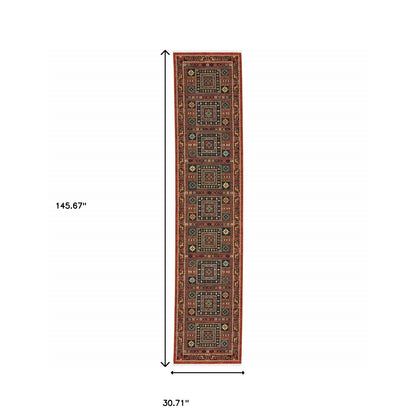 2' X 10' Blue And Red Oriental Power Loom Runner Rug With Fringe