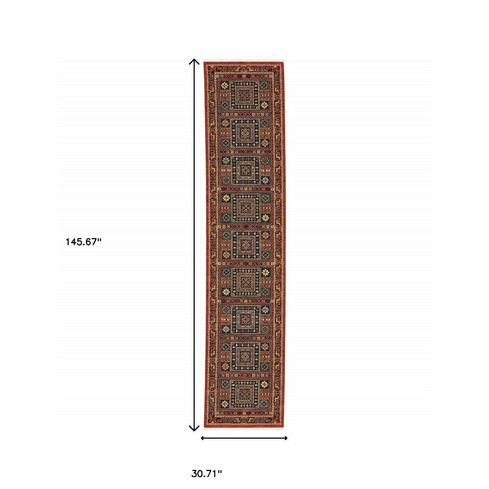 12' Blue And Red Genuine Wool Oriental Runner Rug With Fringe