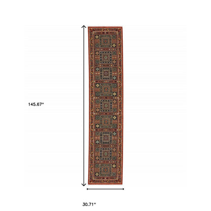 12' Blue And Red Genuine Wool Oriental Runner Rug With Fringe