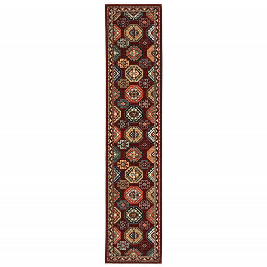 2' X 10' Red And Ivory Oriental Power Loom Runner Rug With Fringe