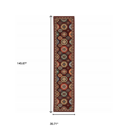 2' X 10' Red And Ivory Oriental Power Loom Runner Rug With Fringe